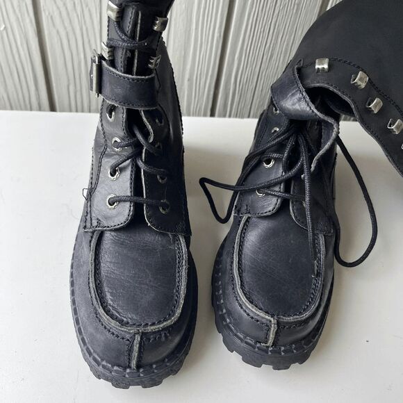 VTG Zodiac Black Leather Combat Boots SZ 7 Platform Lug Sole Y2K Gothcore - Picture 3 of 10